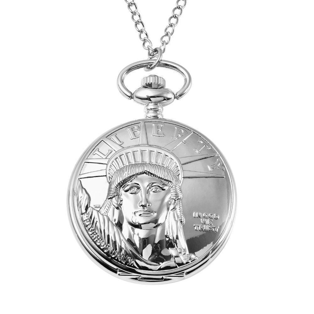 STRADA Statue of Liberty Head Pattern Pocket Watch Silvertone